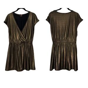 bobi Pleated Mini Dress Women's Size Medium Short Dolman Sleeve Metallic Bronze